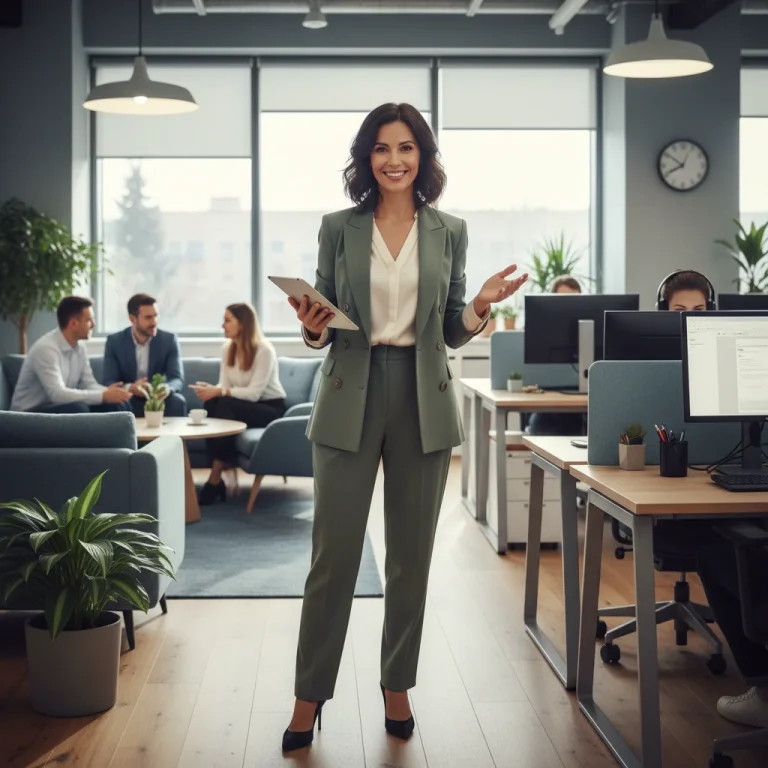 Professional woman in modern hybrid work attire, blending comfort and style