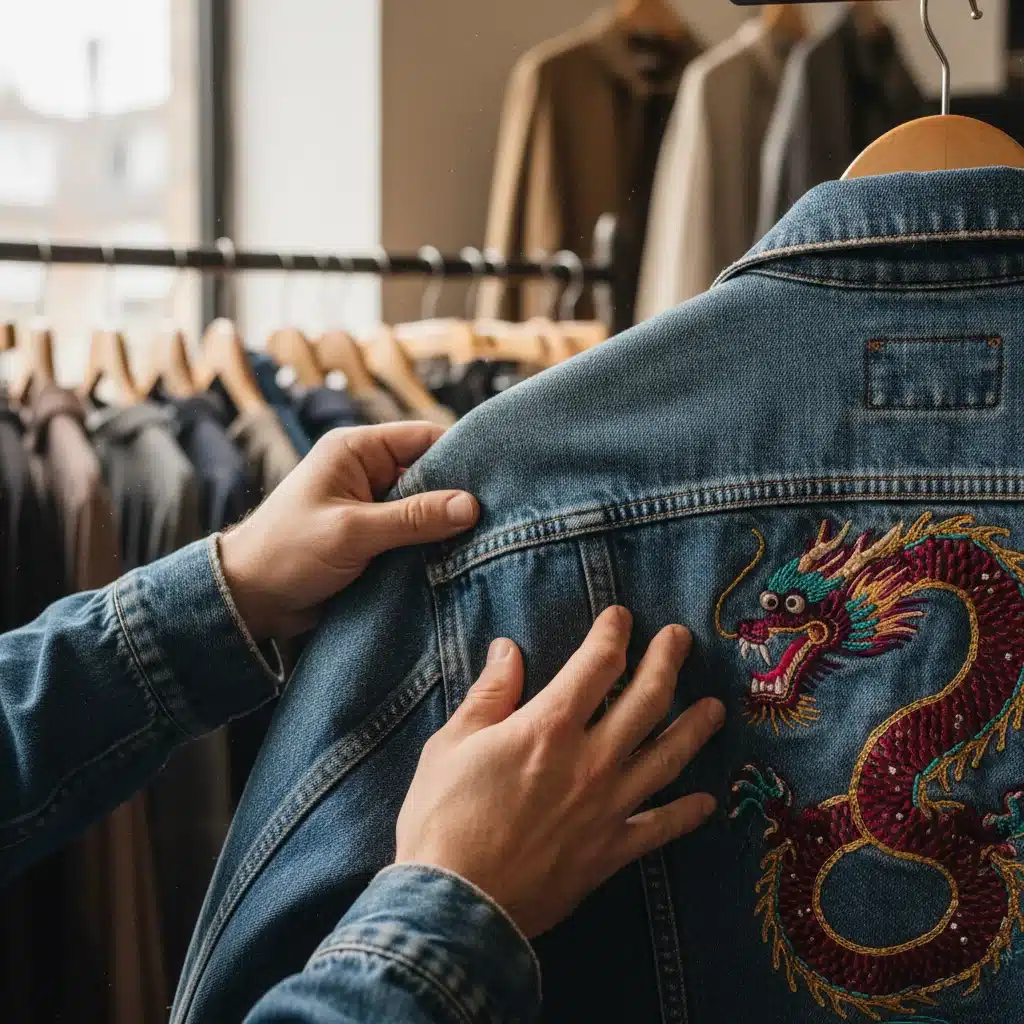 Hands examining a vintage denim jacket for quality and detail in a thrift store.