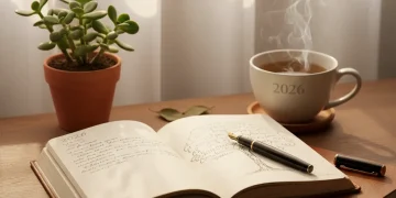 Open journal with pen and tea, symbolizing journaling for clarity and thought organization.
