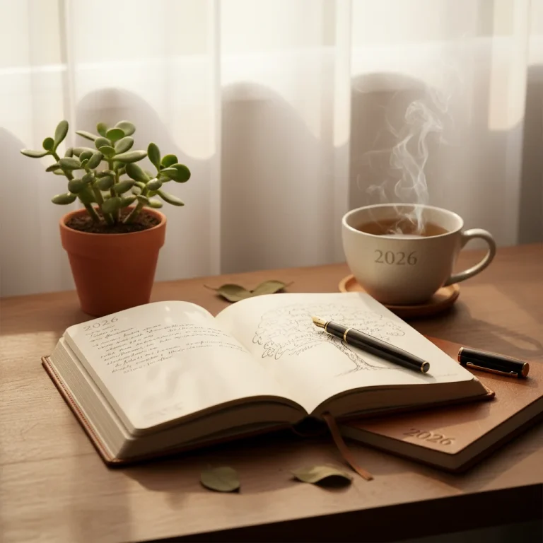 Open journal with pen and tea, symbolizing journaling for clarity and thought organization.