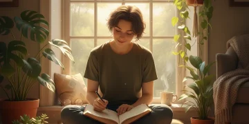 Person journaling about daily gratitude near a sunny window
