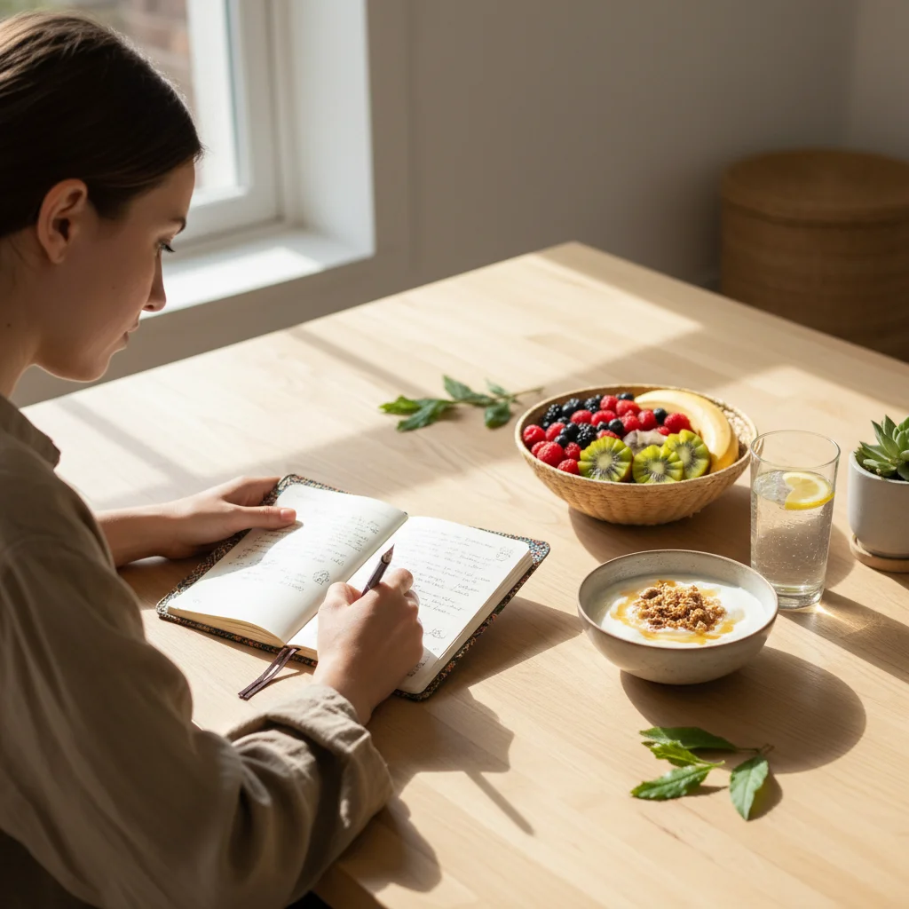 Person journaling and enjoying a healthy breakfast, focusing on mindful planning.