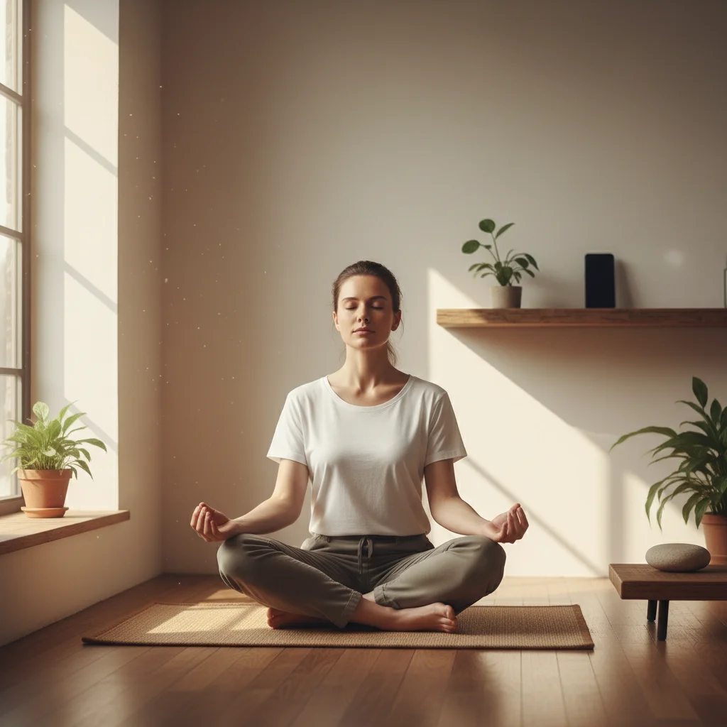 Person meditating peacefully, smartphone out of reach, representing digital freedom.