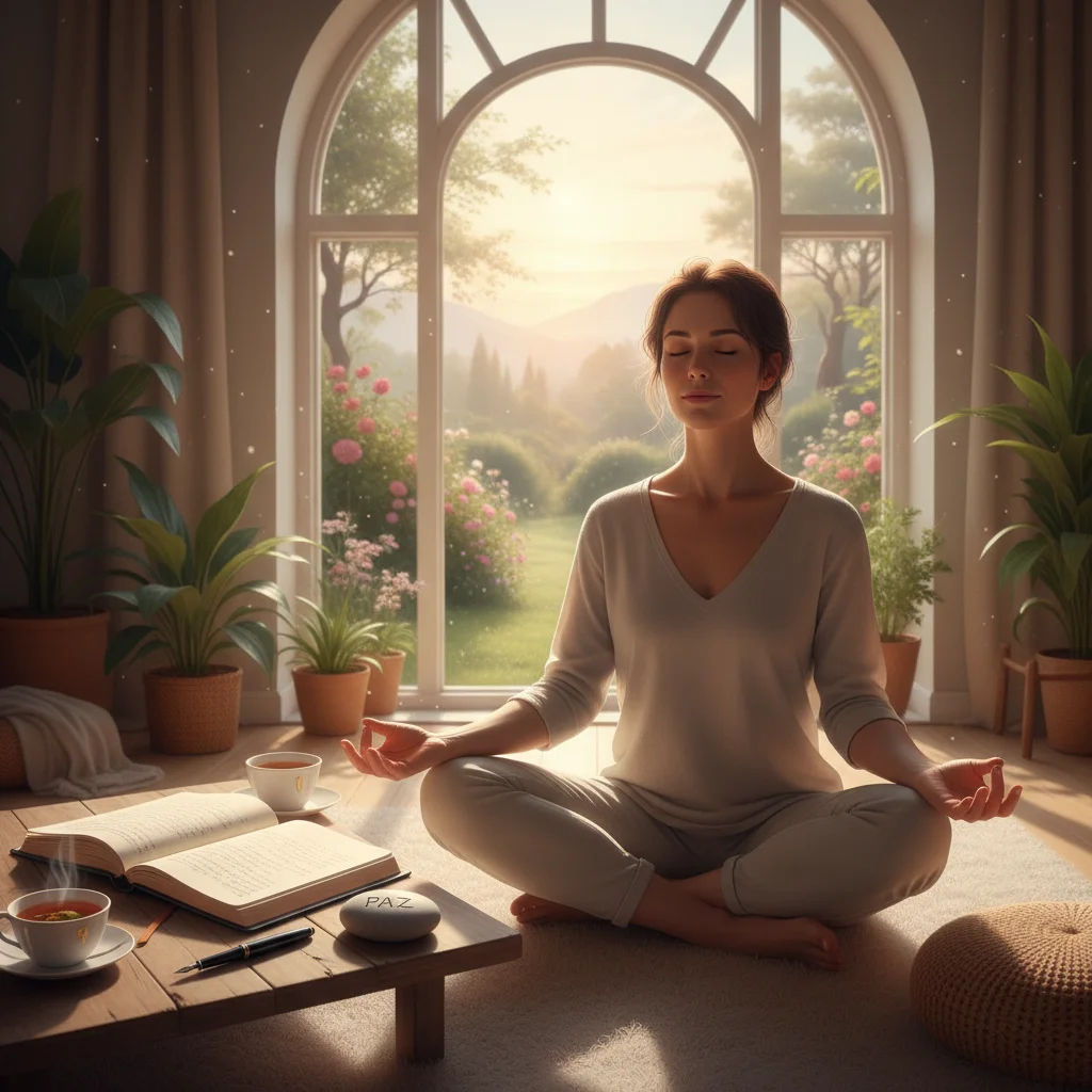 Person meditating peacefully with a journal, symbolizing self-awareness.