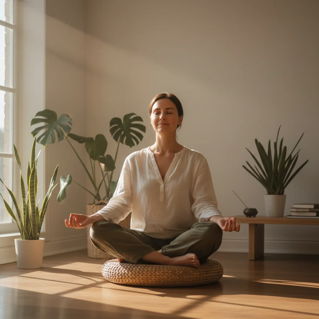 Person meditating calmly in a sunlit room, representing mental preparation and relaxation.