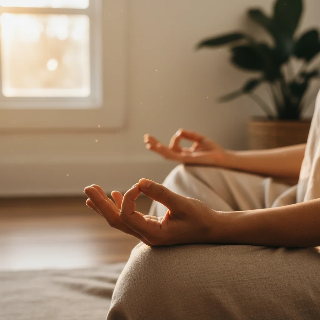 Hands in meditation mudra, symbolizing focus and calm