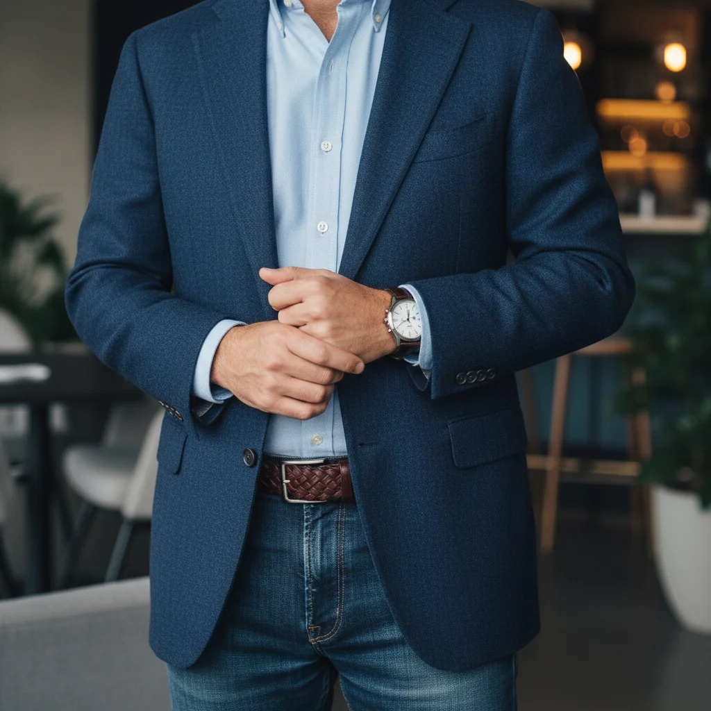 Man wearing a navy sport coat, light blue shirt, and dark jeans, demonstrating smart casual menswear.