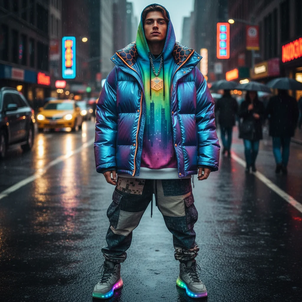 Physical apparel influenced by metaverse design trends on a person in an urban setting