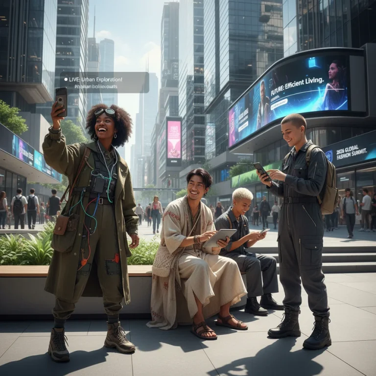 Diverse micro-influencers displaying 2026 niche fashion trends on social media in an urban setting.