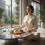 Person practicing mindful eating with a colorful meal on a modern table