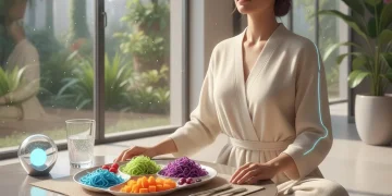 Person practicing mindful eating with a colorful meal on a modern table