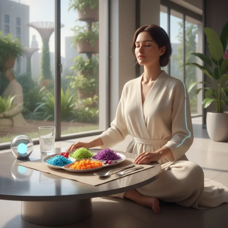 Person practicing mindful eating with a colorful meal on a modern table