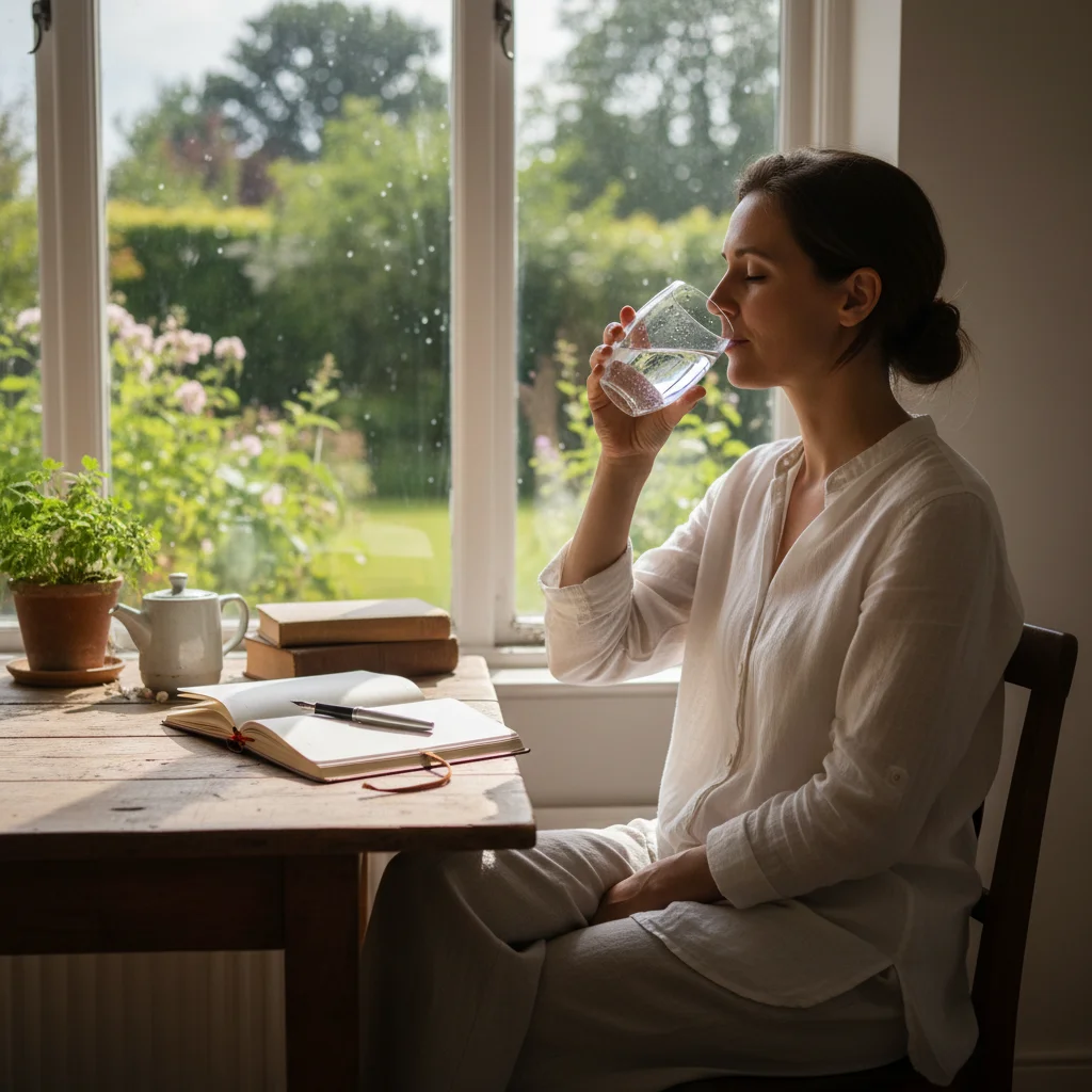 Person taking a mindful sip of water next to a journal, promoting hydration