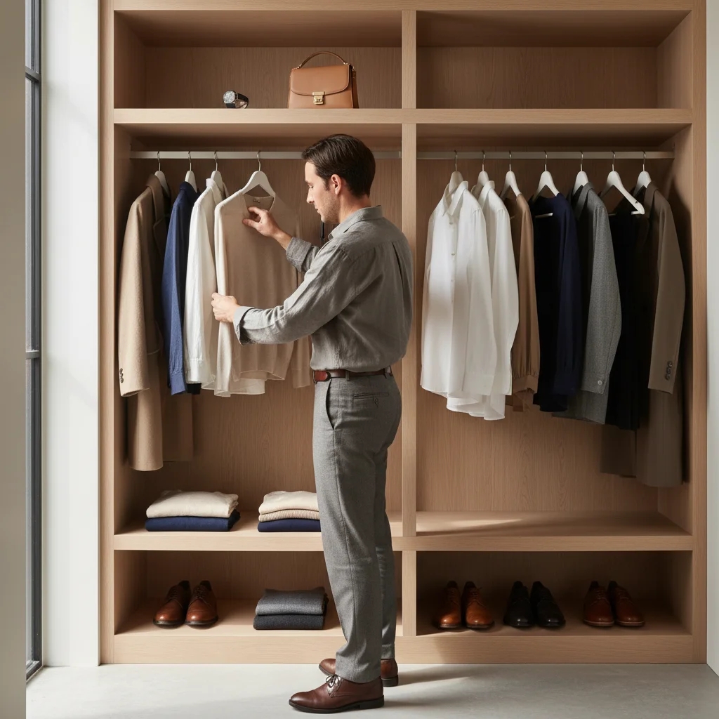 Organized minimalist closet with essential clothing items