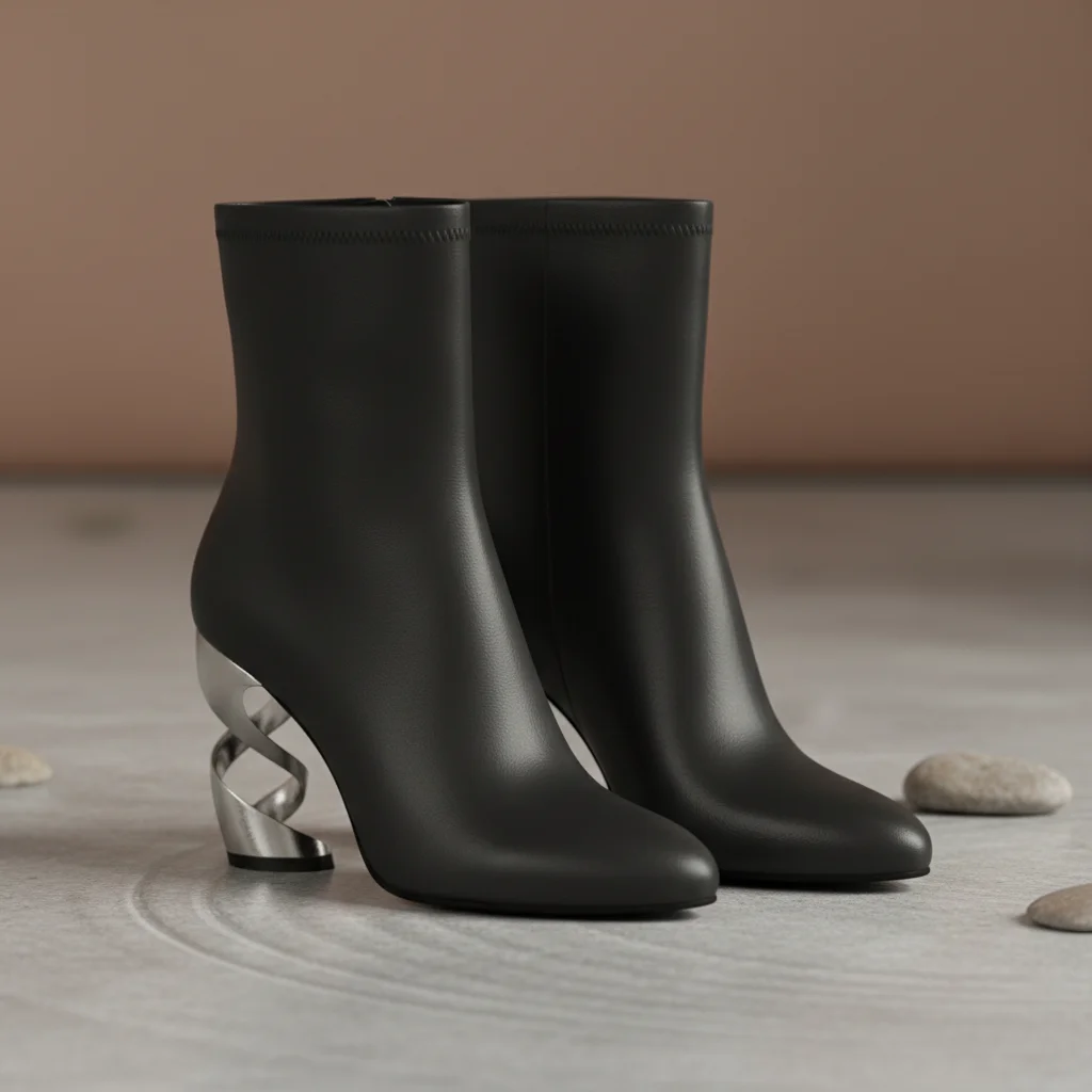 Elegant minimalist ankle boots with sculptural heels, made from vegan leather, on a concrete surface.