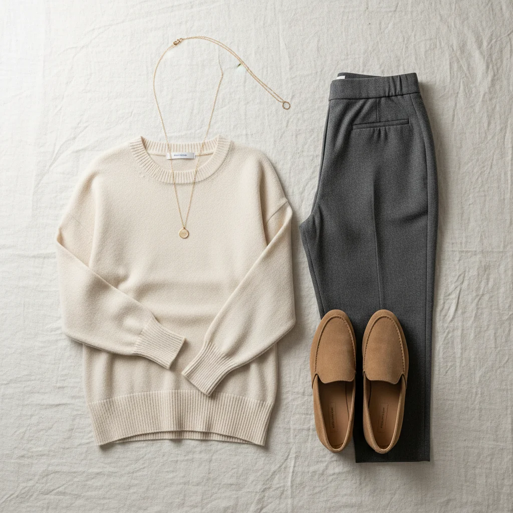 Flat lay of minimalist comfortable work-from-home attire essentials