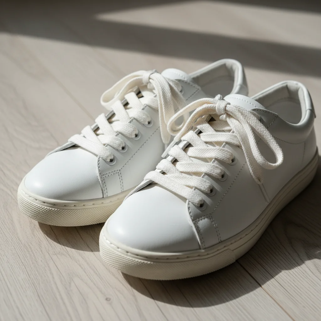 Close-up of minimalist white sneakers, perfect for everyday comfort and style.