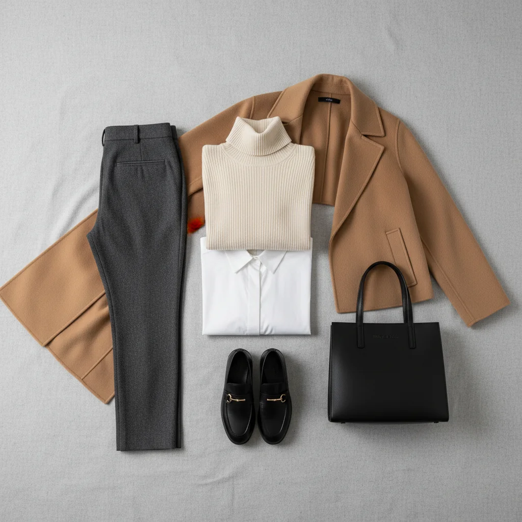 Minimalist winter capsule wardrobe flat lay with neutral tones
