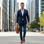 Modern man in navy blazer and jeans, exuding timeless style