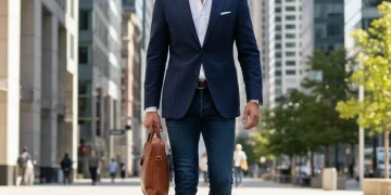 Modern man in navy blazer and jeans, exuding timeless style