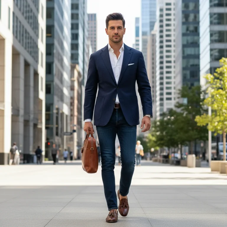 Modern man in navy blazer and jeans, exuding timeless style