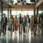 Modern professionals in 2026 business casual attire in an office lobby