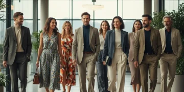 Modern professionals in 2026 business casual attire in an office lobby