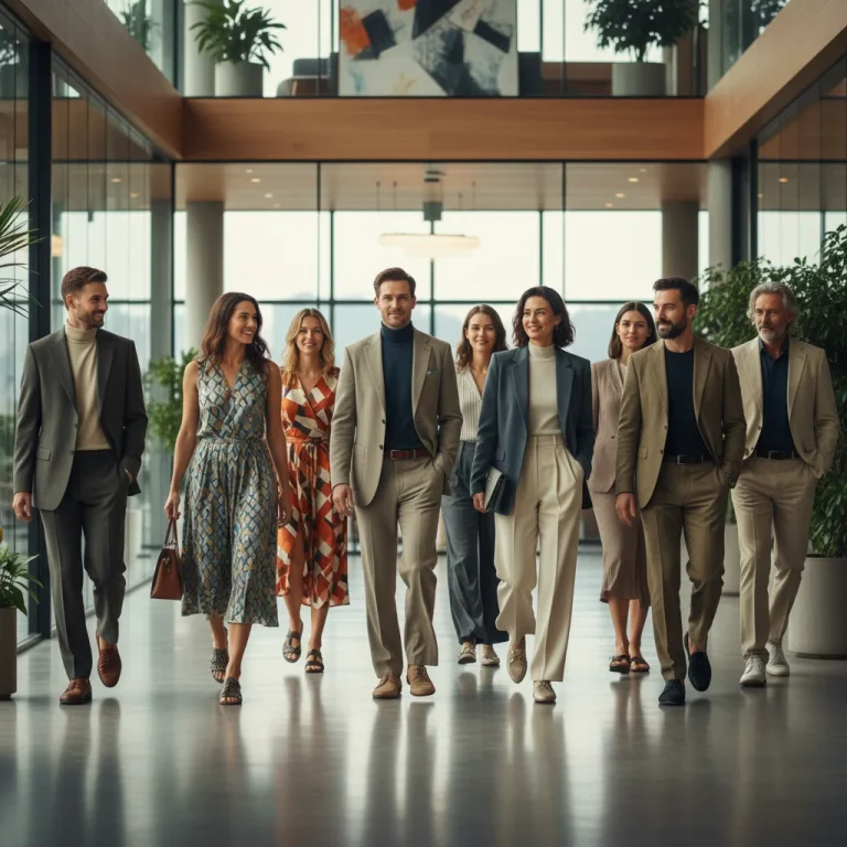 Modern professionals in 2026 business casual attire in an office lobby
