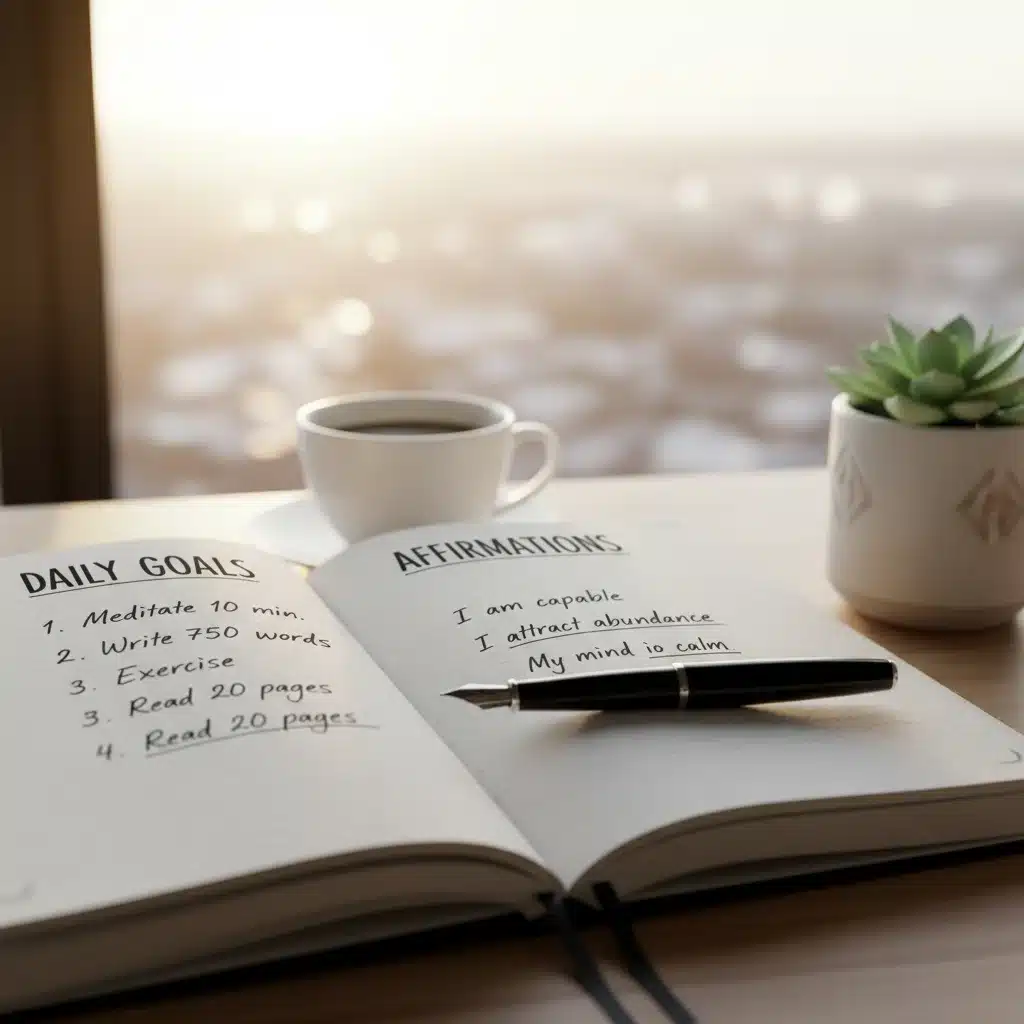 Journal with daily goals and affirmations for morning planning