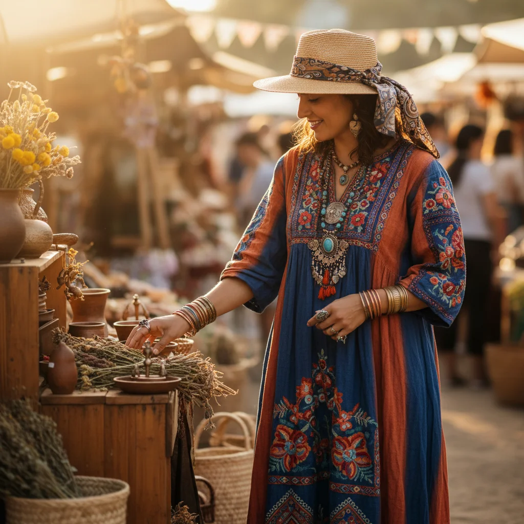 Neo-Bohemian artisan micro-influencer in hand-dyed dress and handcrafted jewelry at an outdoor market.