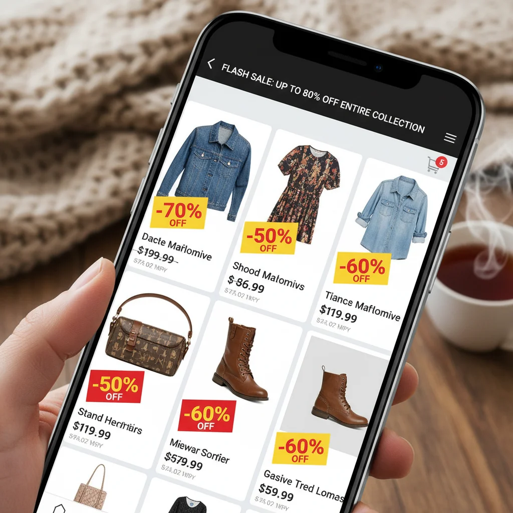 Smartphone screen with online fashion marketplace app showing discounted items.