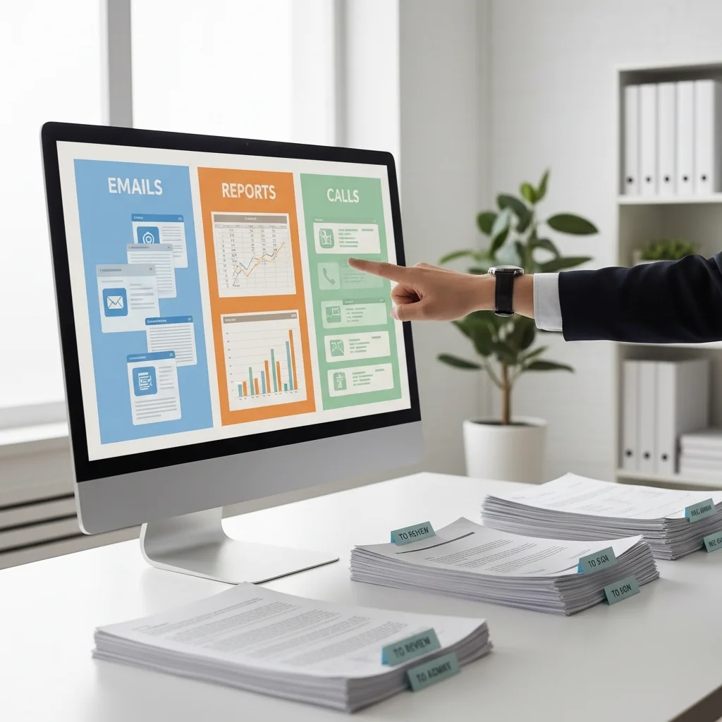 Organized desk with distinct piles for batched tasks, illustrating focused work on a single category.