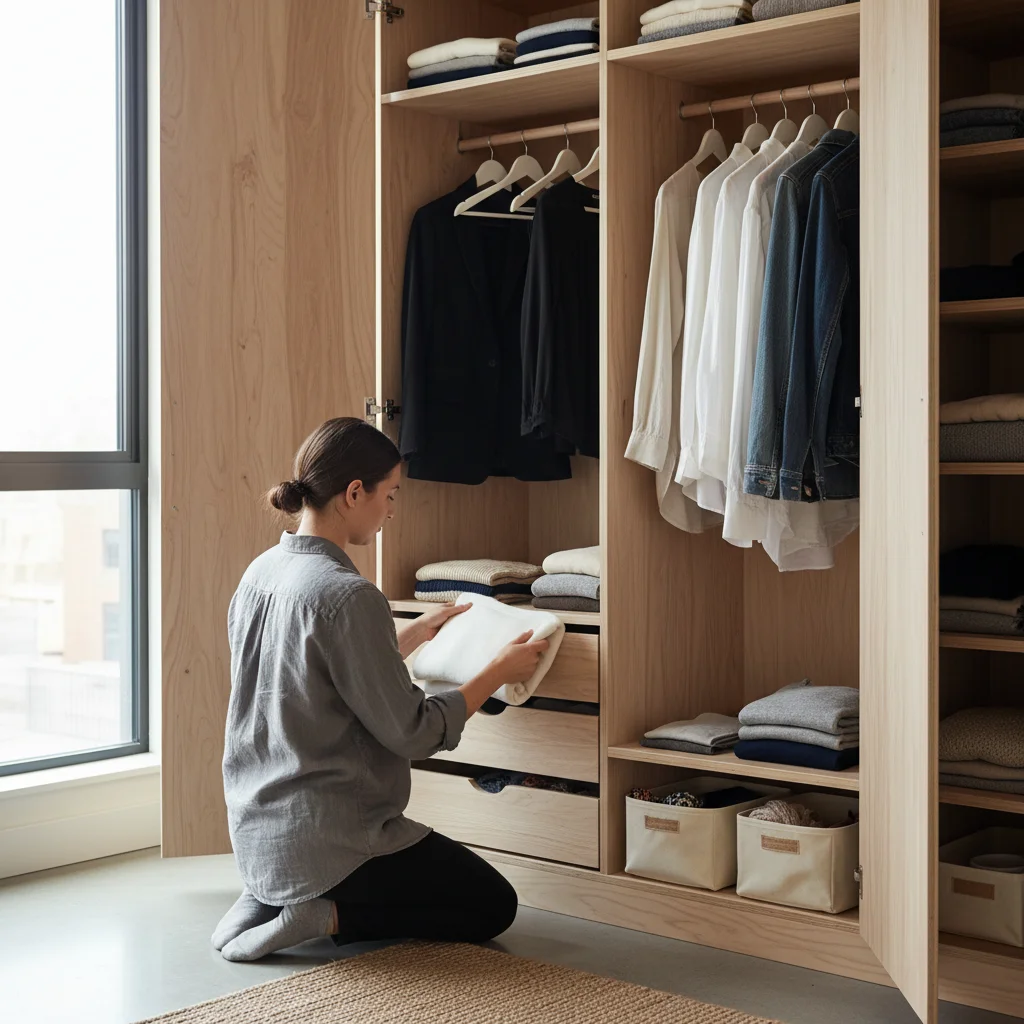Organized minimalist closet with capsule wardrobe