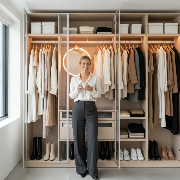 Woman smiling in front of an organized capsule wardrobe