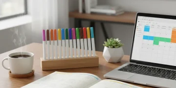 Organized desk with planner and laptop for time blocking