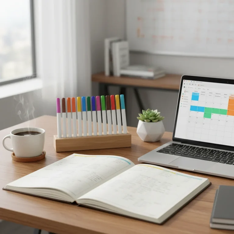 Organized desk with planner and laptop for time blocking