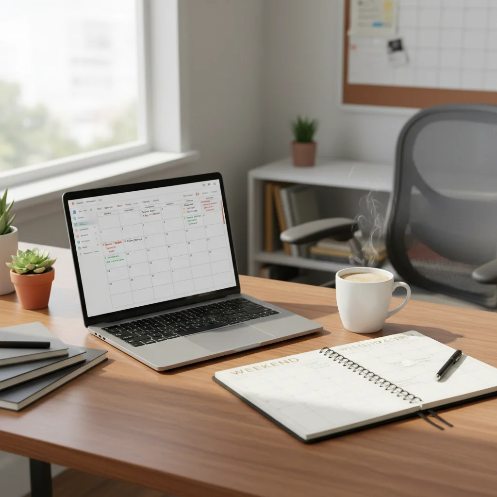 Organized home office desk with laptop and planner, symbolizing weekend planning.