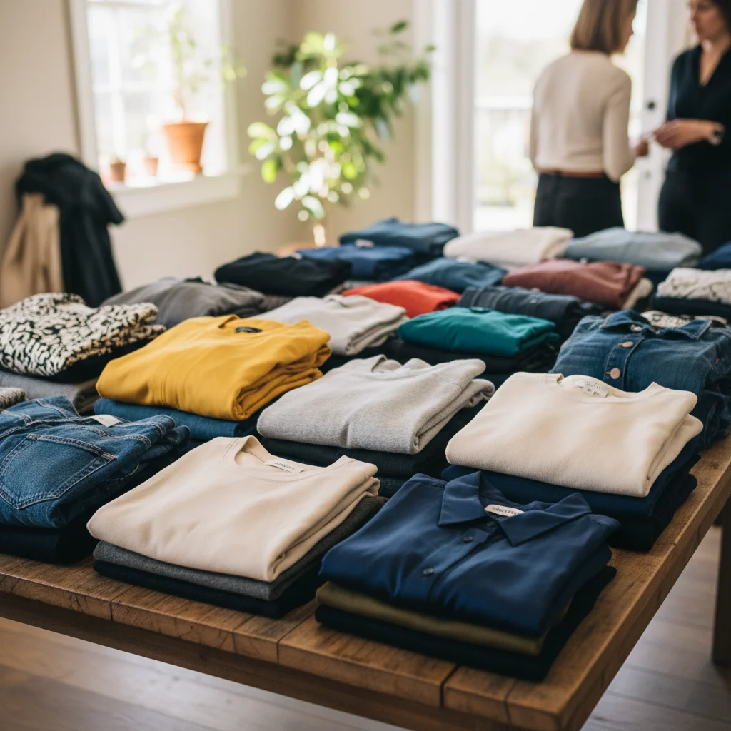 Neatly organized pre-loved clothing items on a table, ready for a clothing swap event.