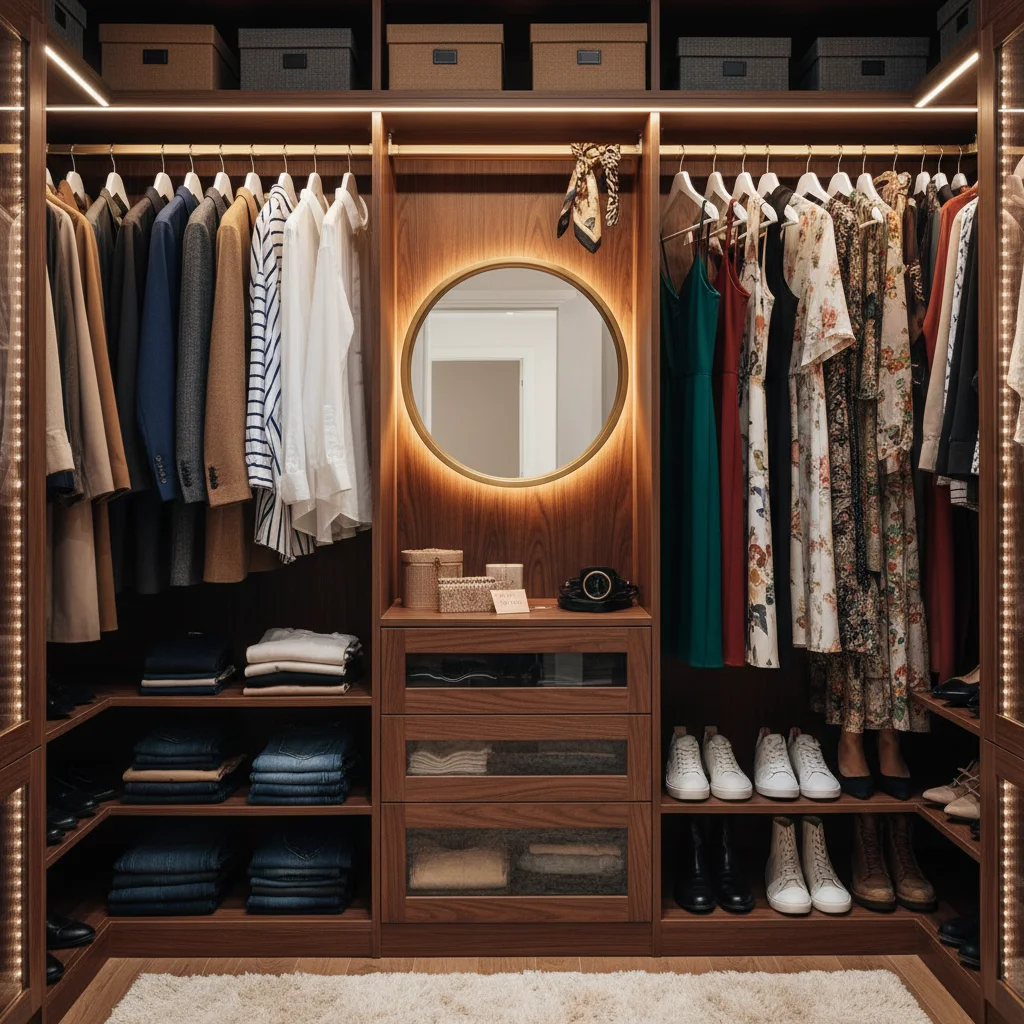 Well-organized minimalist wardrobe with versatile clothing items.