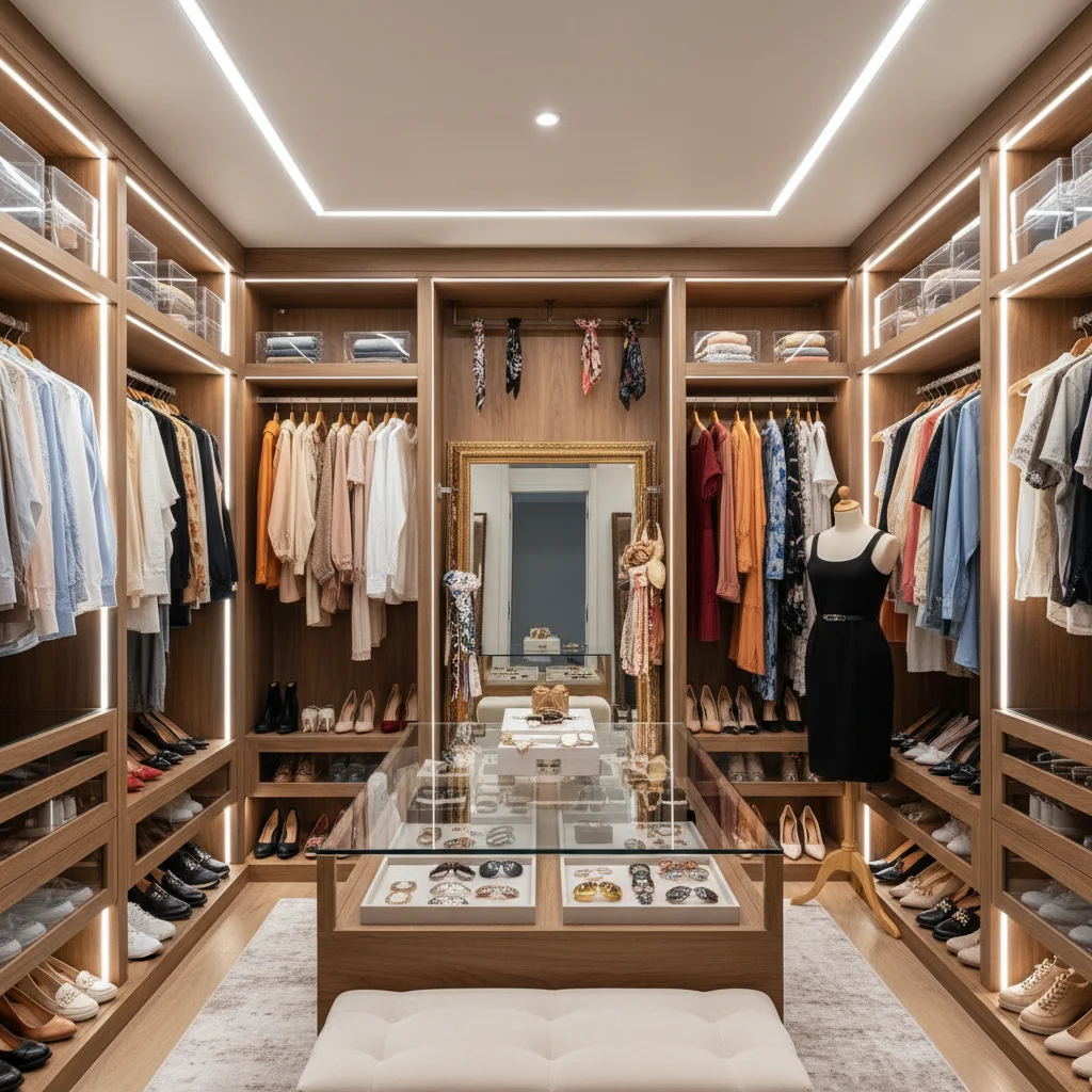 Organized walk-in closet with color-coordinated clothes and accessories, representing a well-curated wardrobe.
