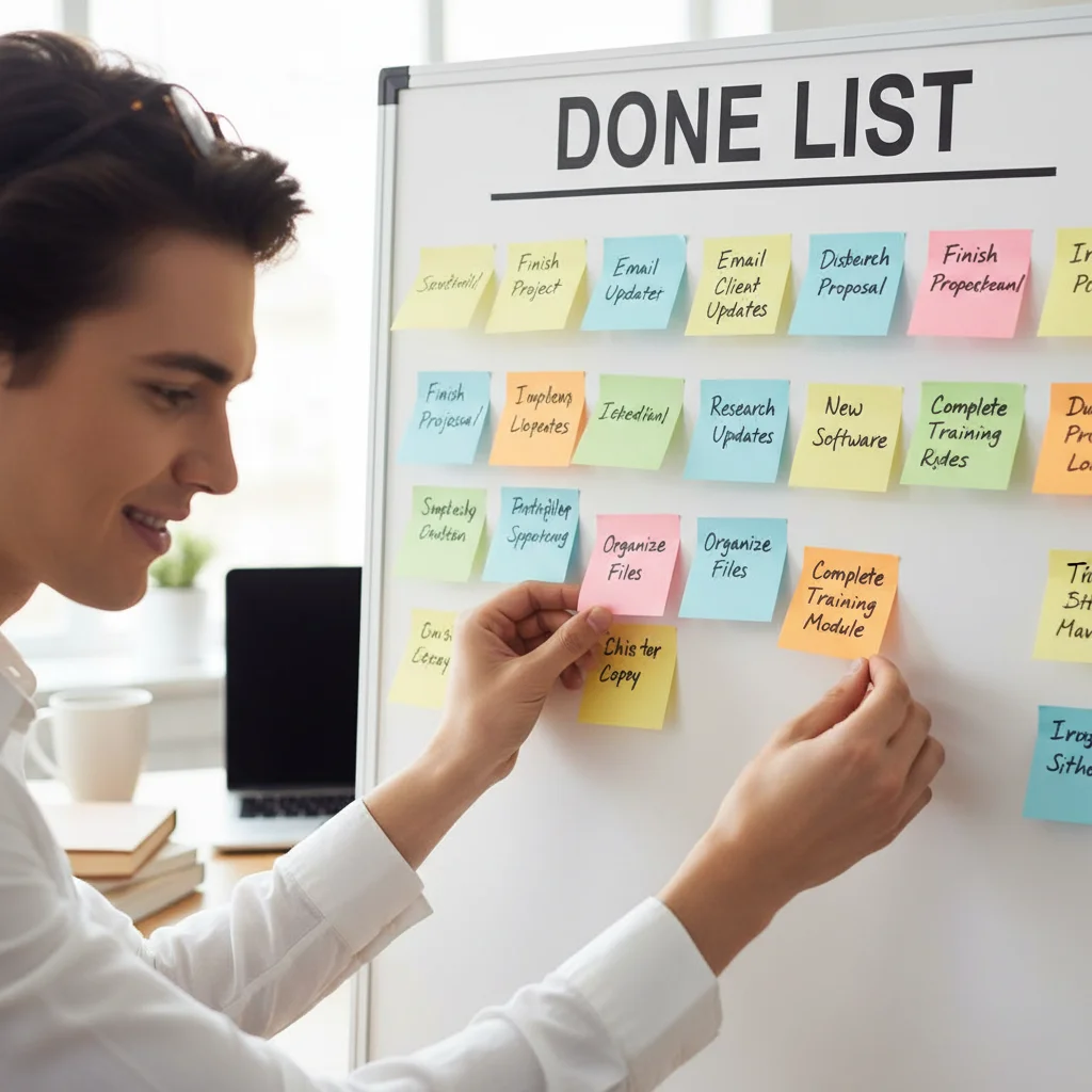 Hands organizing colorful sticky notes onto a 'done list' board