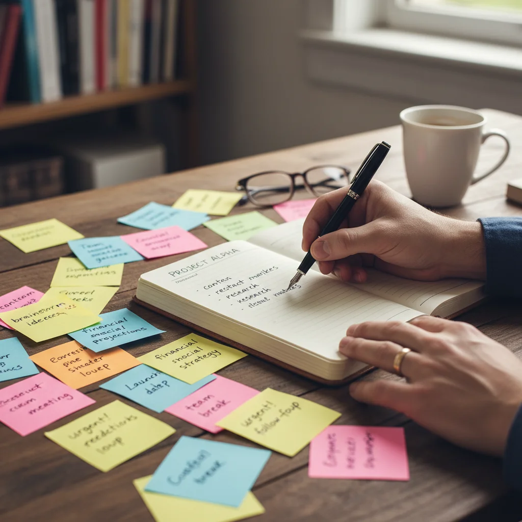 Hand writing in a journal, organizing scattered thoughts and ideas.