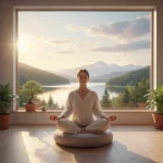 Person meditating peacefully in a calm setting for stress reduction