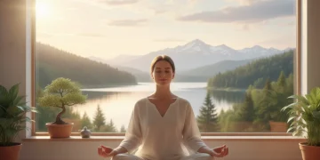 Person meditating peacefully in a calm setting for stress reduction