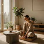 Person meditating in a sunlit room, embodying peaceful morning productivity.