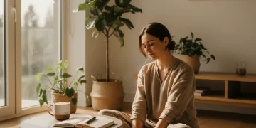 Person meditating in a sunlit room, embodying peaceful morning productivity.