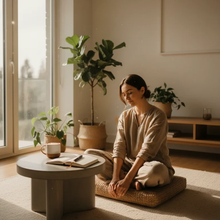 Person meditating in a sunlit room, embodying peaceful morning productivity.