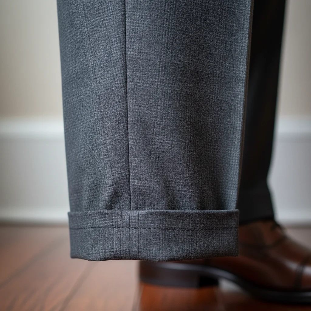 Close-up of perfectly hemmed trouser cuff with neat stitching