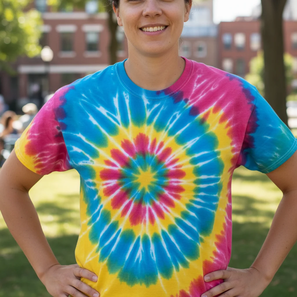 Person wearing unique vibrant custom tie-dye t-shirt