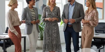 Professionals in stylish, affordable work attire in a modern office setting, showcasing a budget work wardrobe.